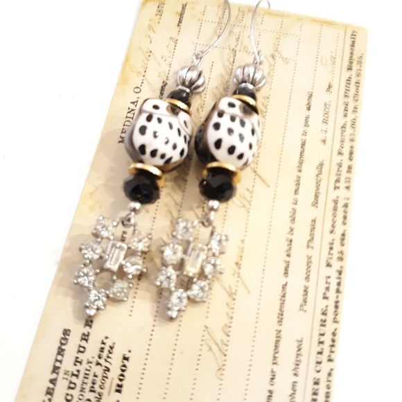 Ceramic Owl & Vintage Rhinestone Drop Earrings NWT - Picture 5 of 9